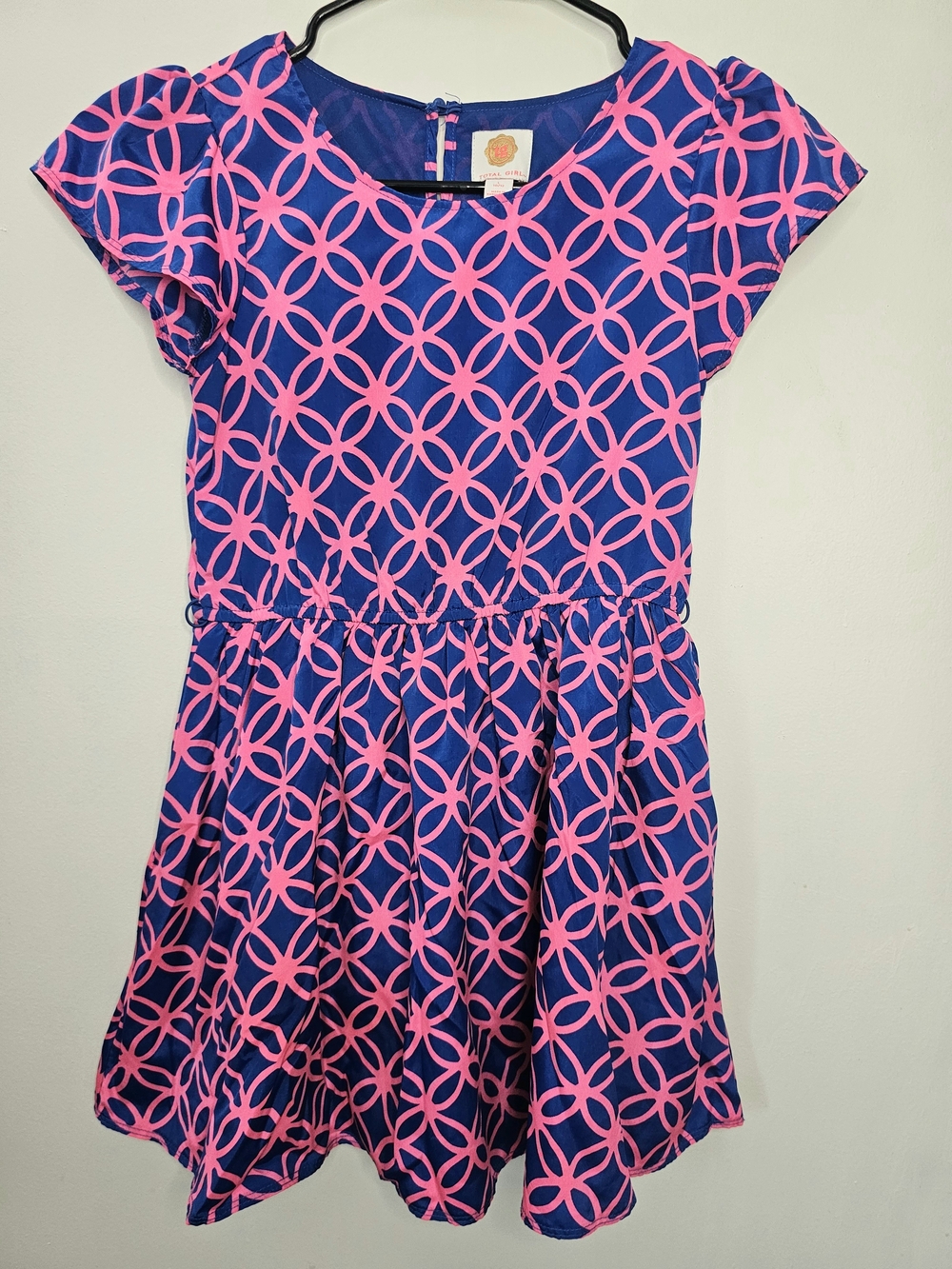 Total Girl Blue Pink Geometric Print Dress Girls Size 10/12 Flutter Sleeve